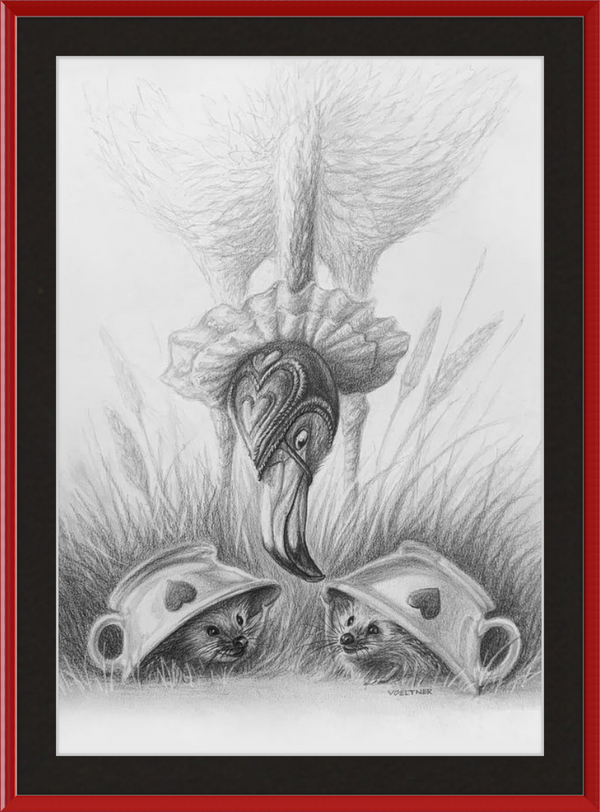 Flamingo and Hedgehogs (Drawing) Art Print