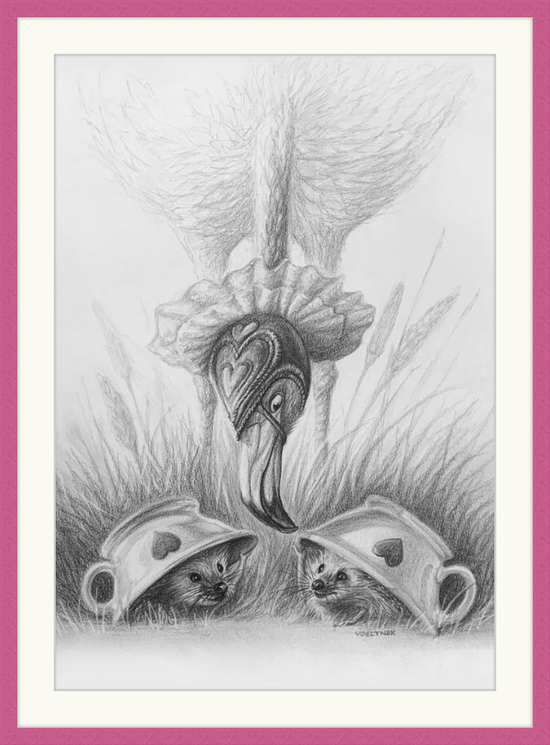 Flamingo and Hedgehogs (Drawing) Art Print