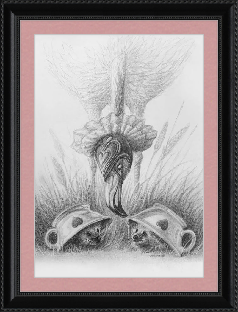 Flamingo and Hedgehogs (Drawing) Art Print