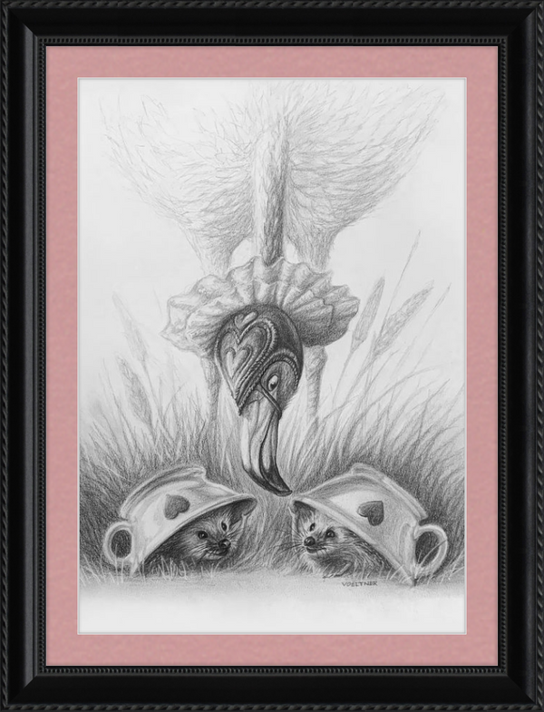 Flamingo and Hedgehogs (Drawing) Art Print