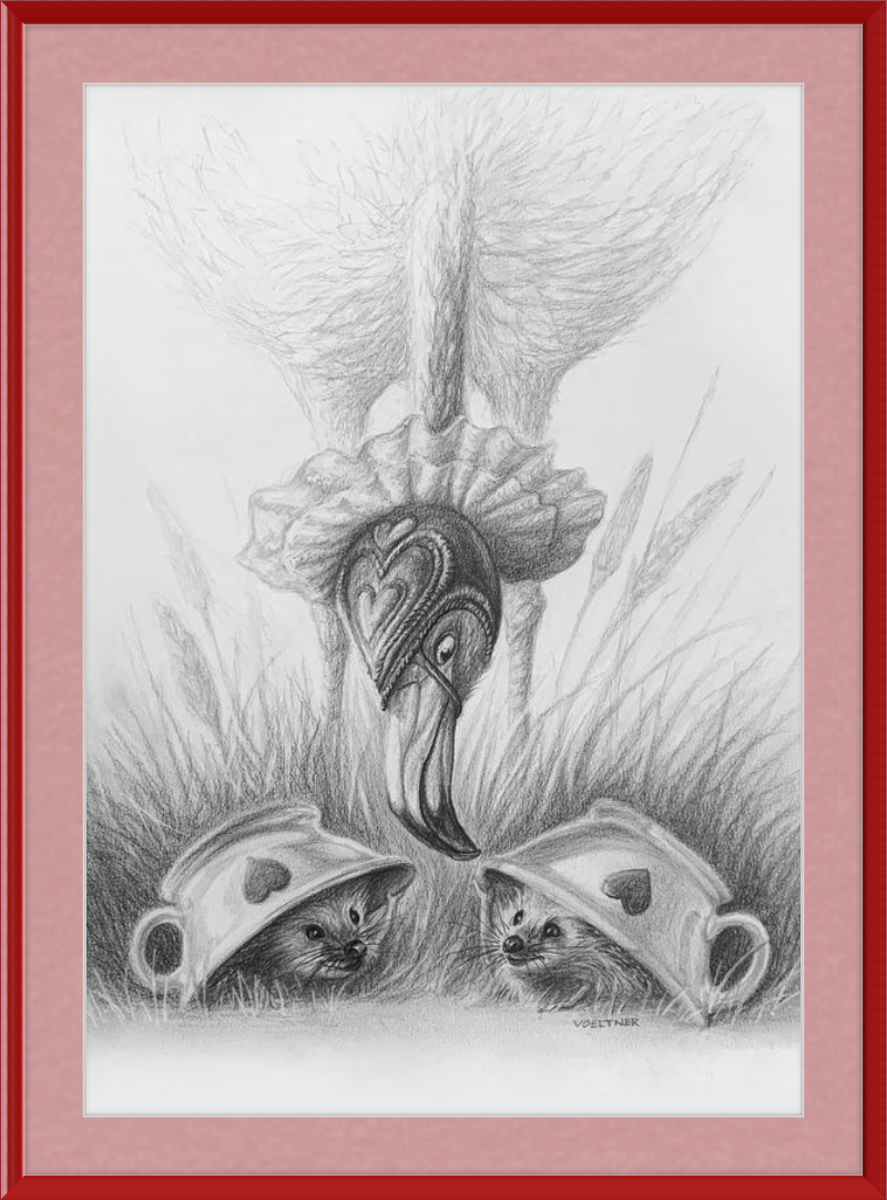 Flamingo and Hedgehogs (Drawing) Art Print
