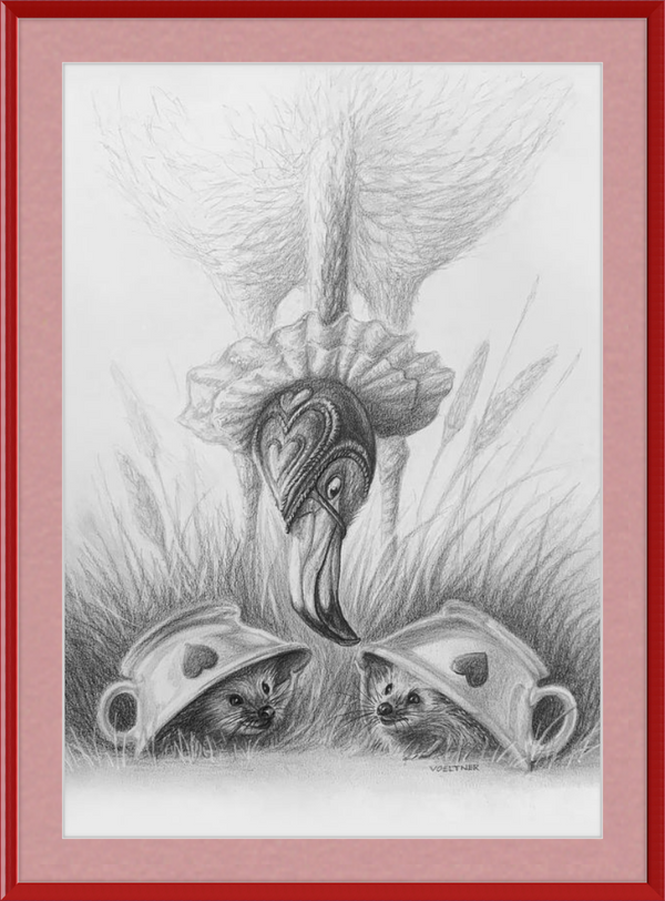 Flamingo and Hedgehogs (Drawing) Art Print