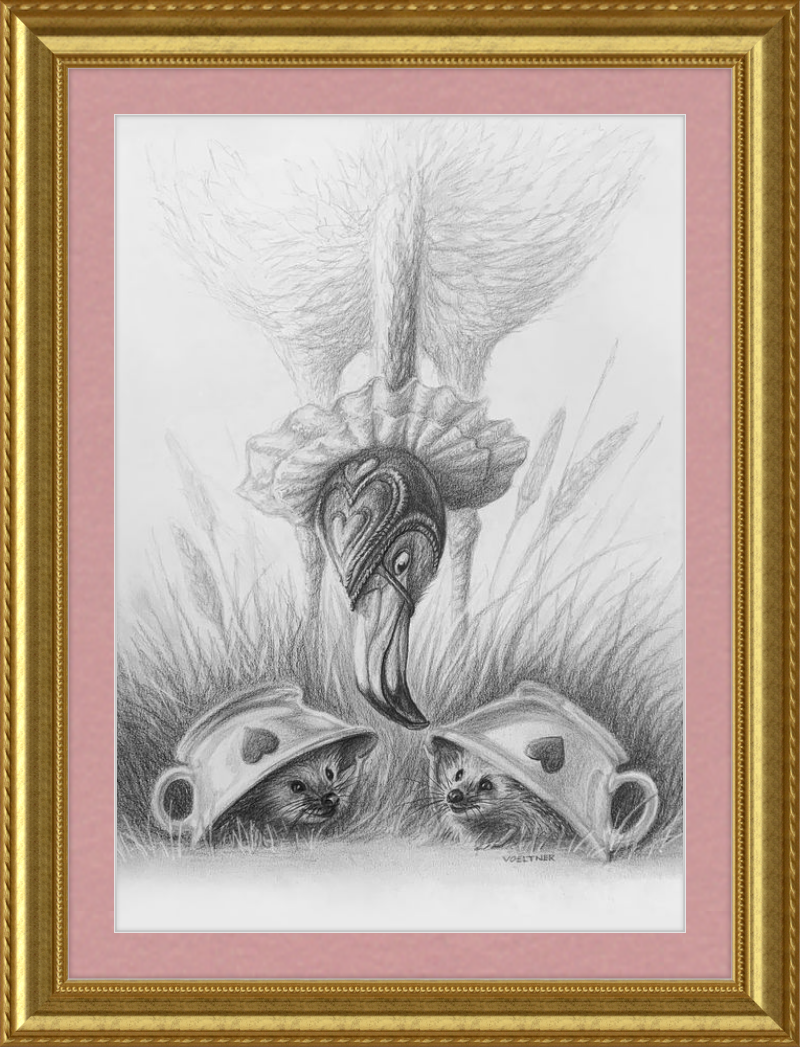Flamingo and Hedgehogs (Drawing) Art Print