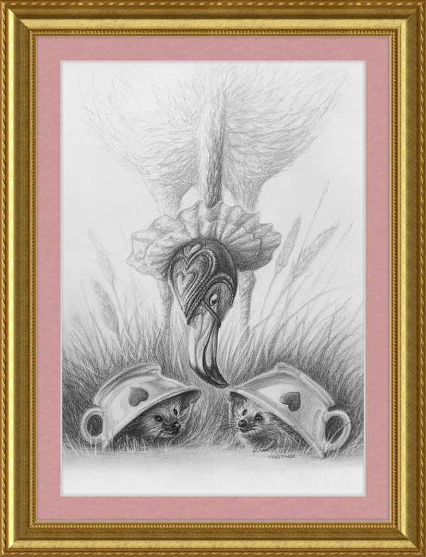 Flamingo and Hedgehogs (Drawing) Art Print