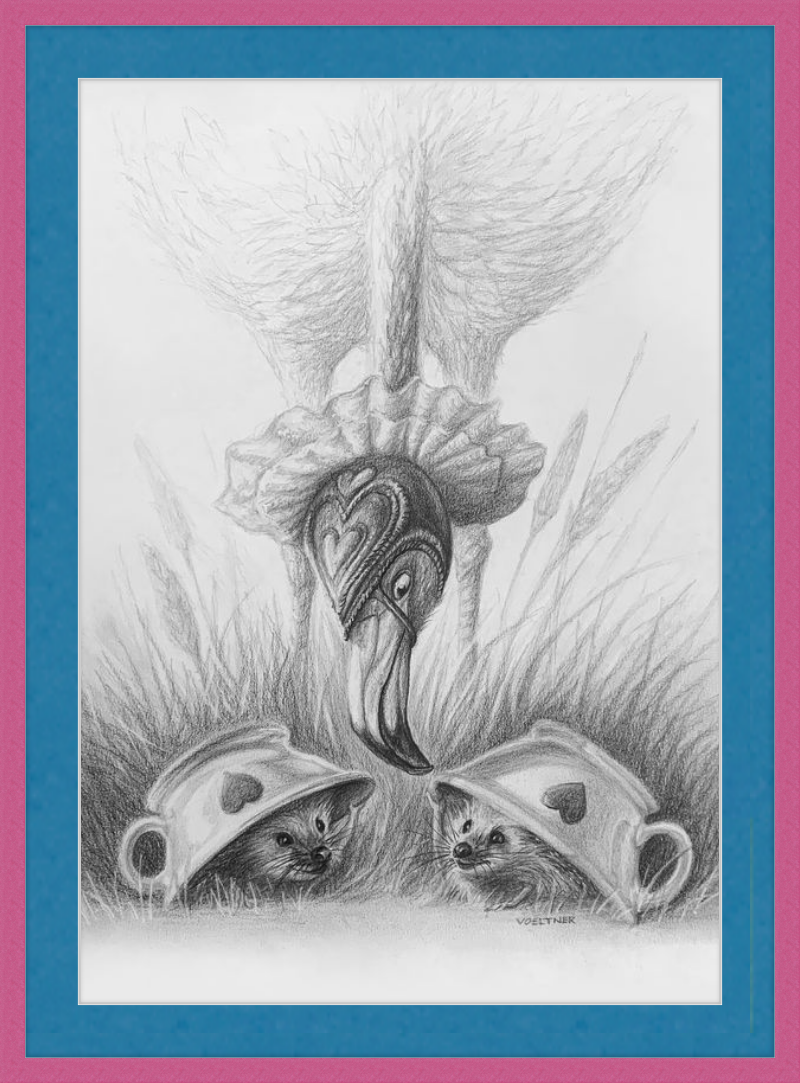 Flamingo and Hedgehogs (Drawing) Art Print