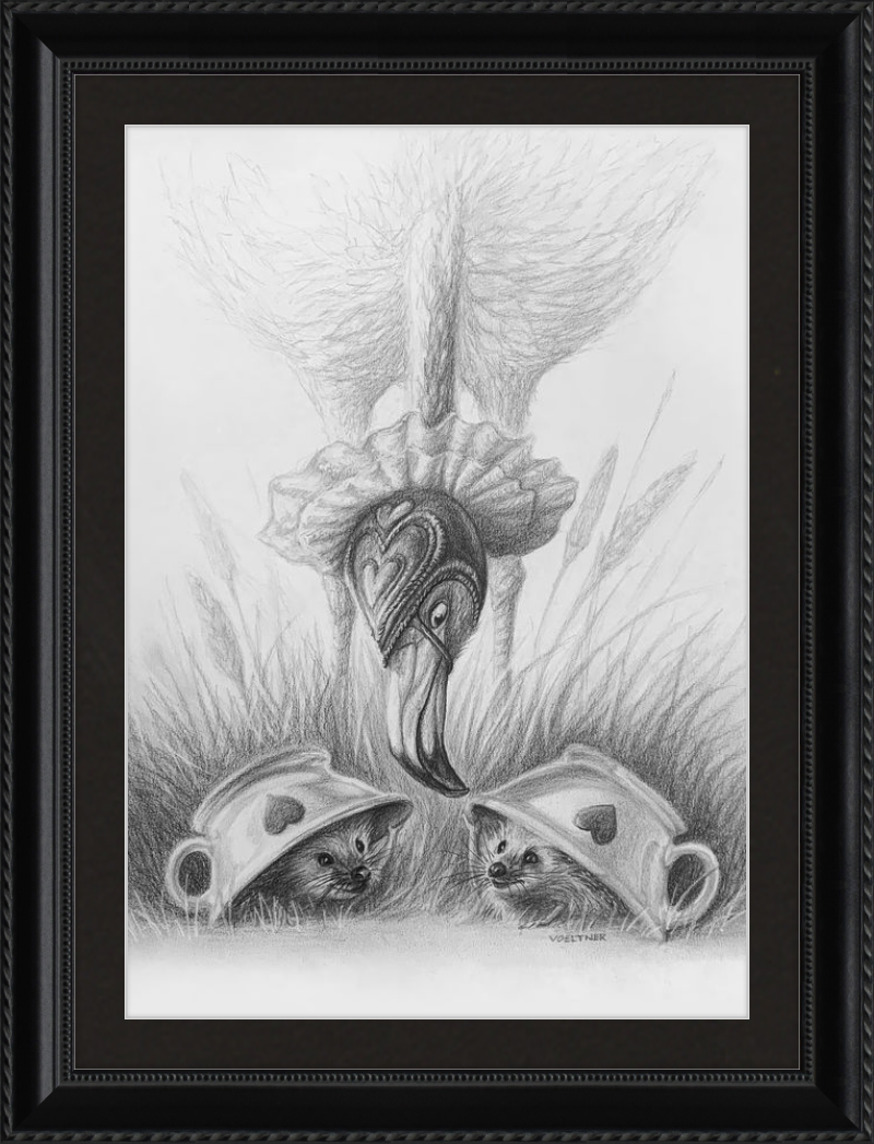 Flamingo and Hedgehogs (Drawing) Art Print