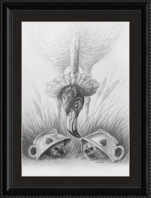 Flamingo and Hedgehogs (Drawing) Art Print