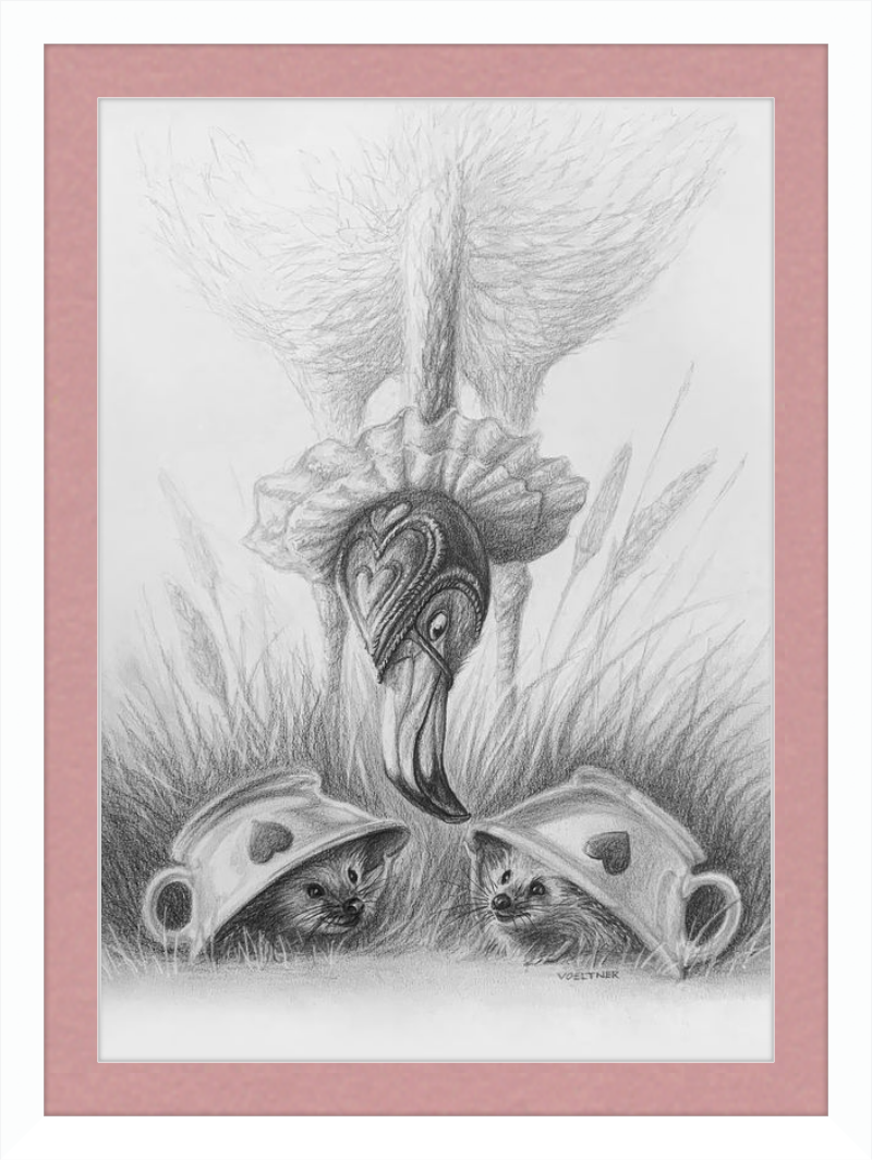 Flamingo and Hedgehogs (Drawing) Art Print