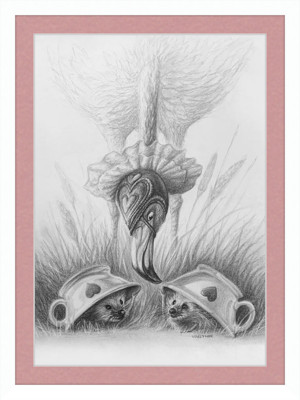 Flamingo and Hedgehogs (Drawing) Art Print