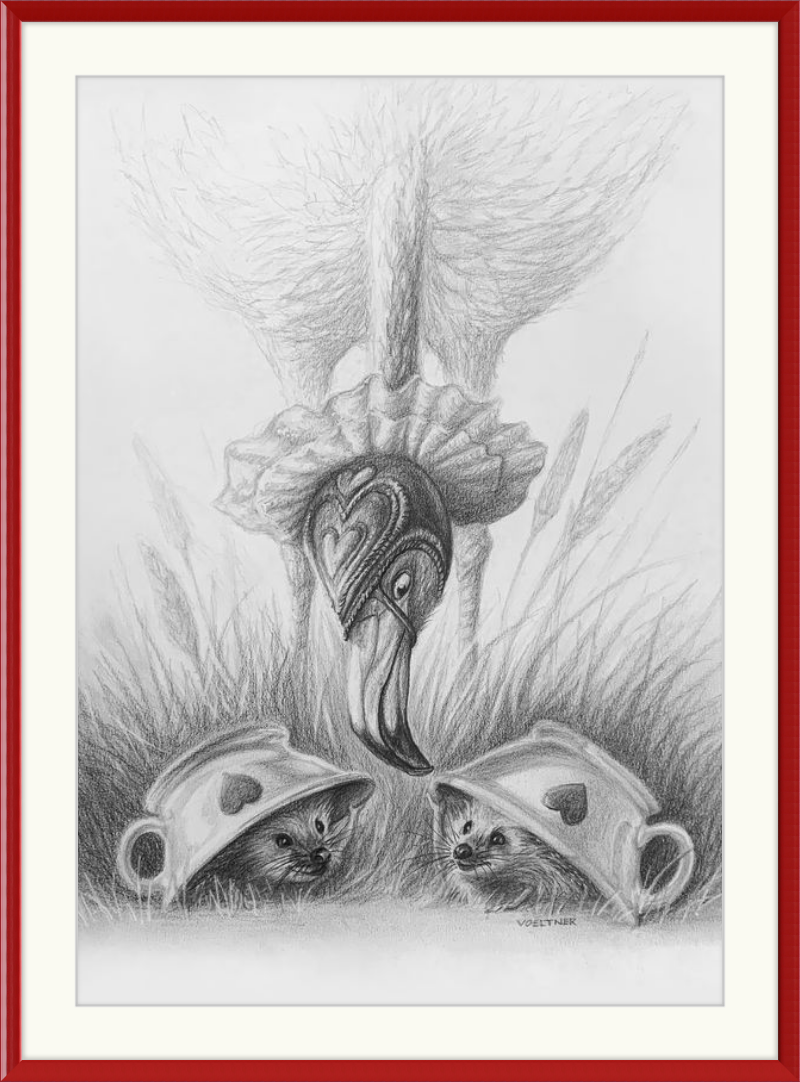 Flamingo and Hedgehogs (Drawing) Art Print
