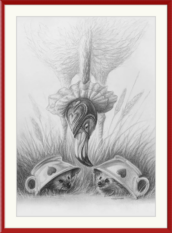 Flamingo and Hedgehogs (Drawing) Art Print