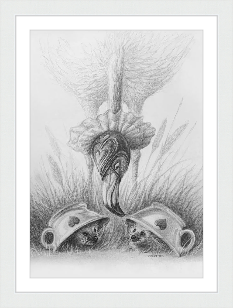 Flamingo and Hedgehogs (Drawing) Art Print