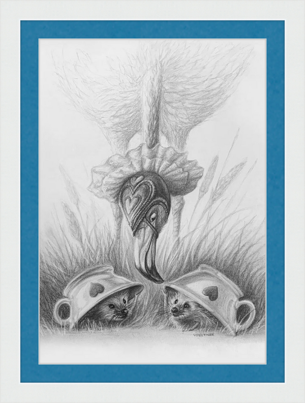 Flamingo and Hedgehogs (Drawing) Art Print