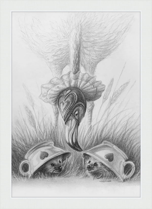 Flamingo and Hedgehogs (Drawing) Art Print