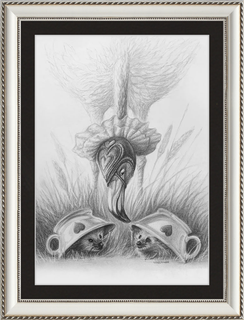 Flamingo and Hedgehogs (Drawing) Art Print