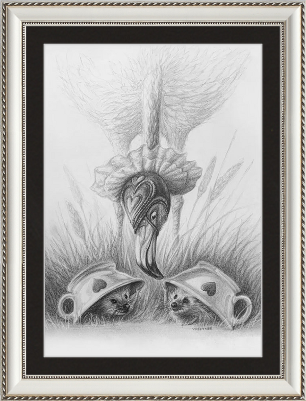 Flamingo and Hedgehogs (Drawing) Art Print
