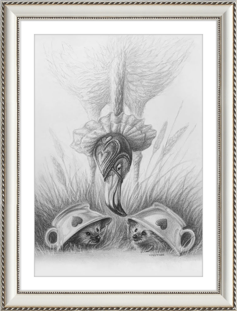 Flamingo and Hedgehogs (Drawing) Art Print