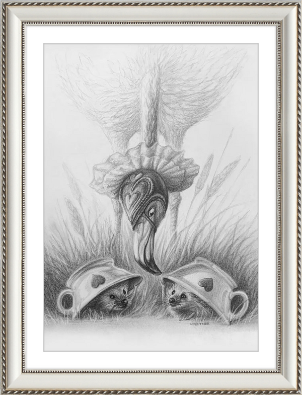 Flamingo and Hedgehogs (Drawing) Art Print