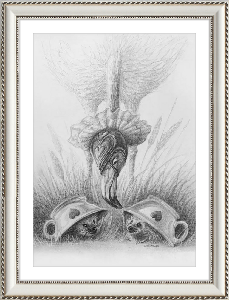 Flamingo and Hedgehogs (Drawing) Art Print