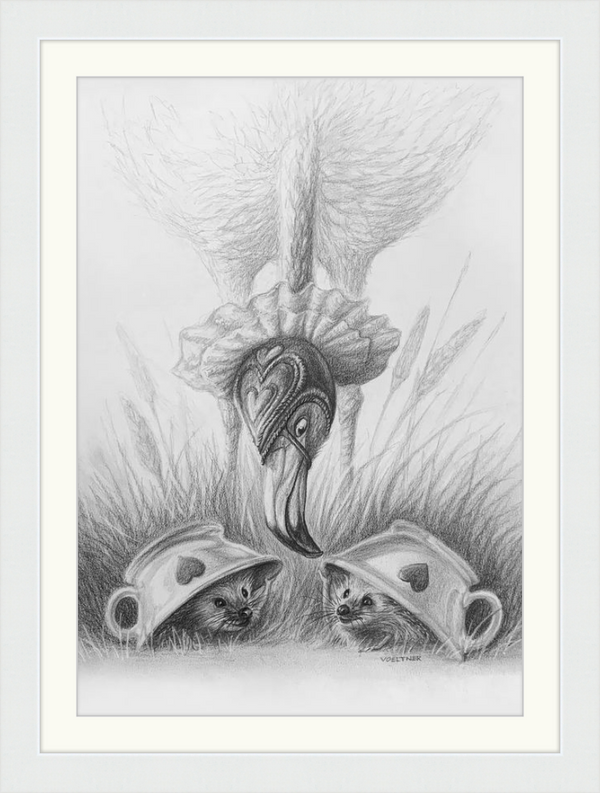 Flamingo and Hedgehogs (Drawing) Art Print