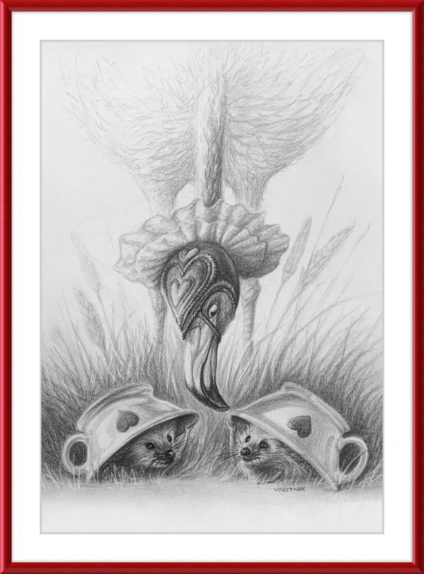 Flamingo and Hedgehogs (Drawing) Art Print