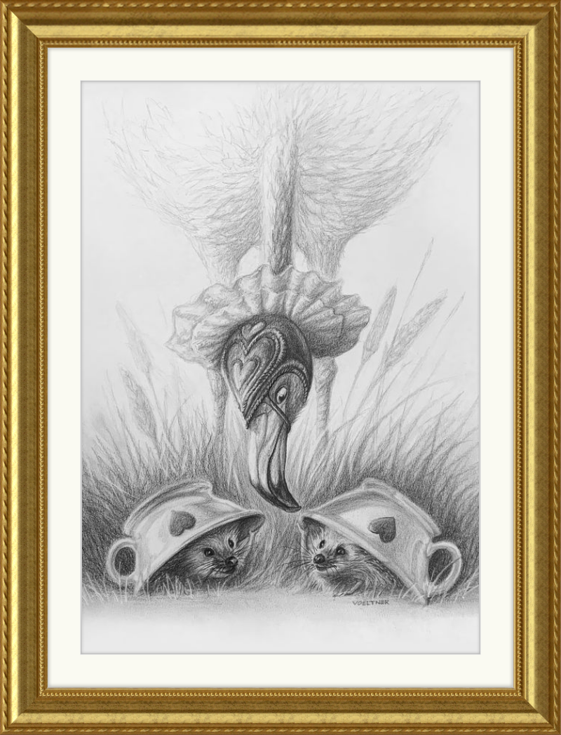 Flamingo and Hedgehogs (Drawing) Art Print