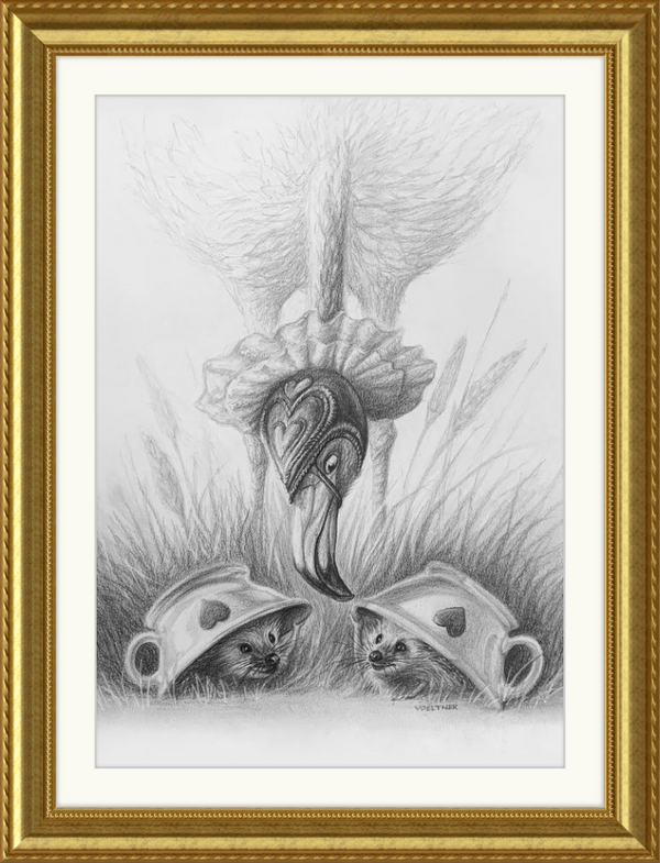 Flamingo and Hedgehogs (Drawing) Art Print