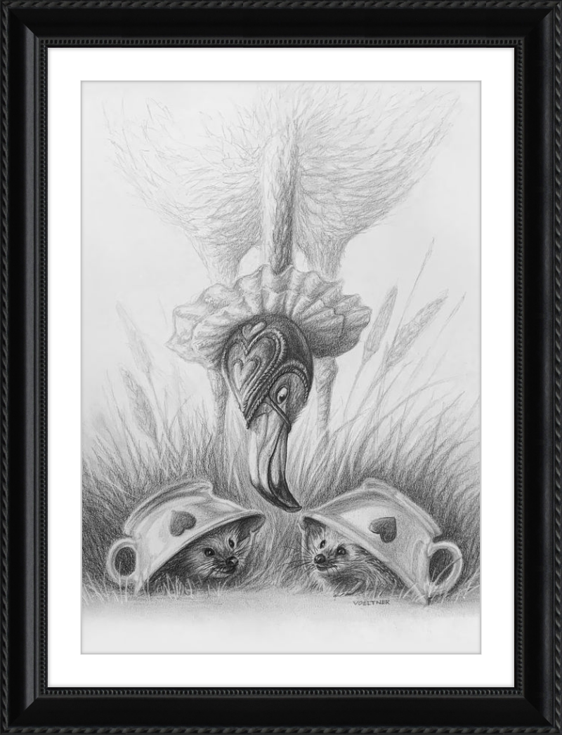 Flamingo and Hedgehogs (Drawing) Art Print