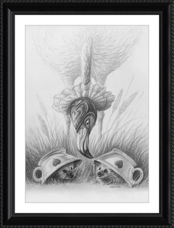 Flamingo and Hedgehogs (Drawing) Art Print