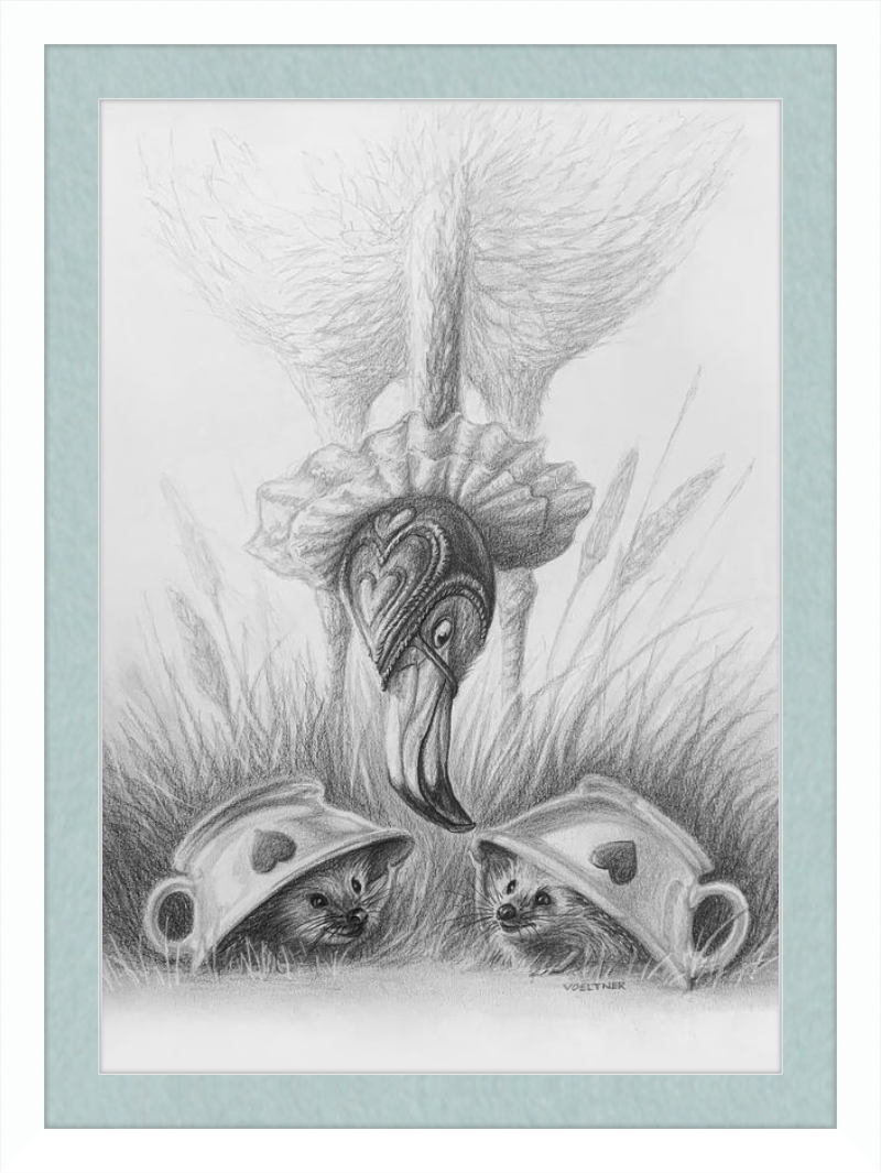 Flamingo and Hedgehogs (Drawing) Art Print