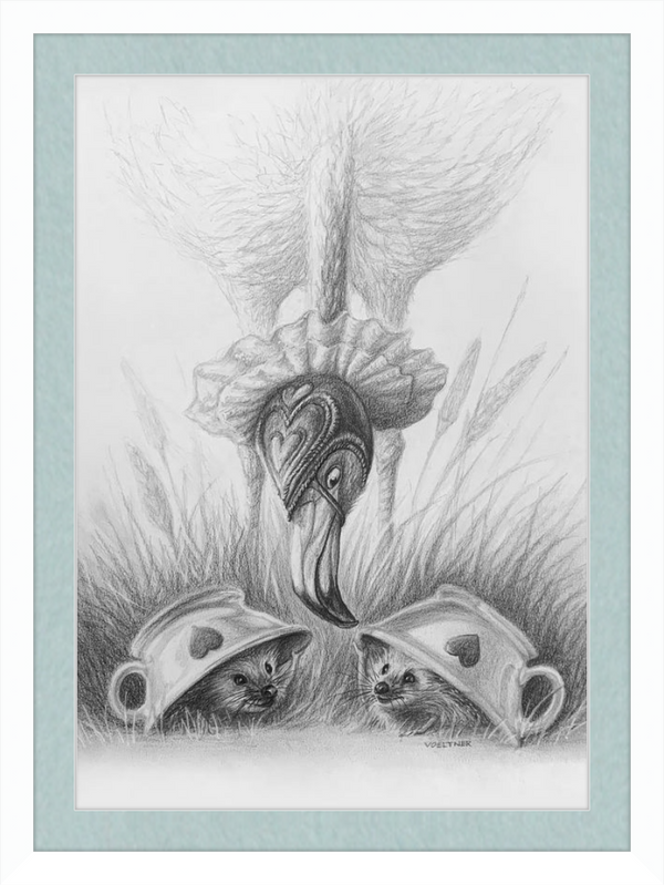 Flamingo and Hedgehogs (Drawing) Art Print