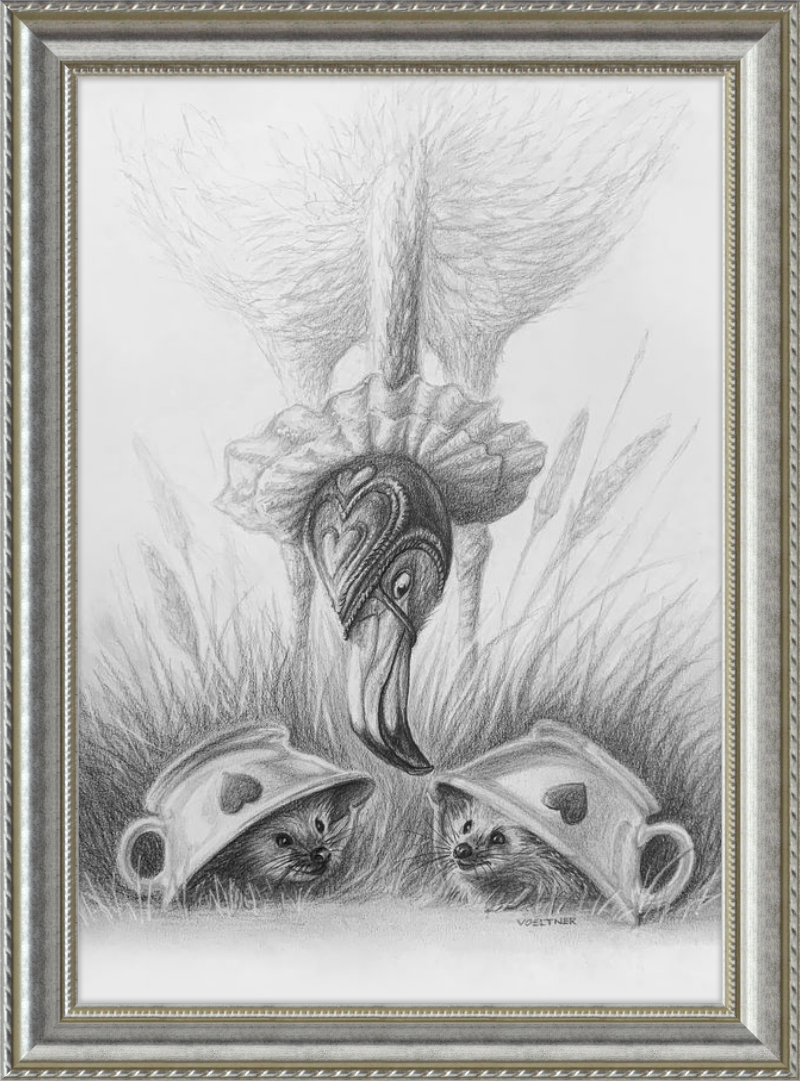 Flamingo and Hedgehogs (Drawing) Art Print
