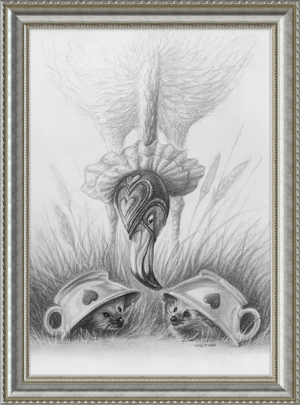 Flamingo and Hedgehogs (Drawing) Art Print
