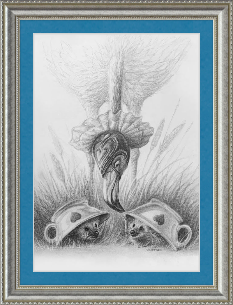 Flamingo and Hedgehogs (Drawing) Art Print