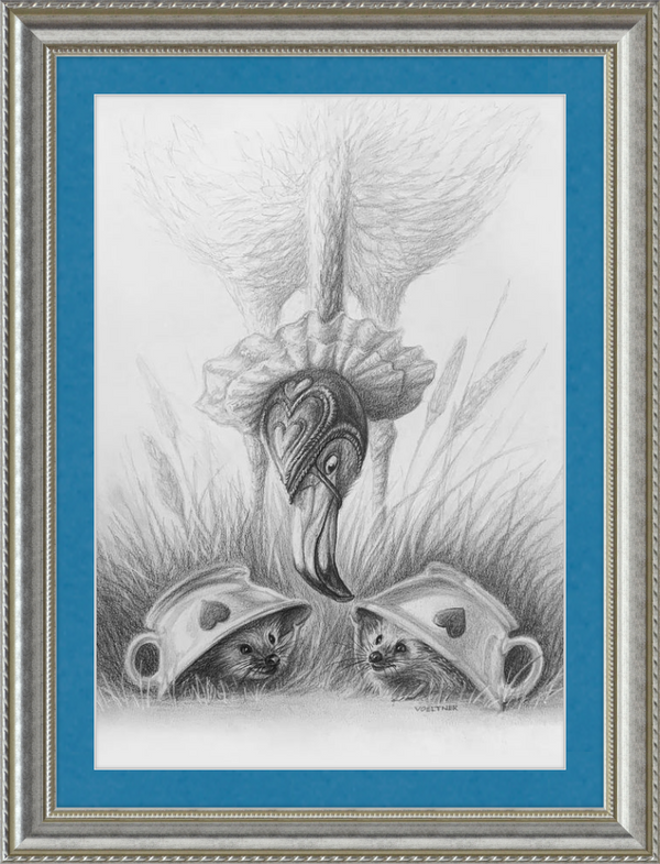Flamingo and Hedgehogs (Drawing) Art Print