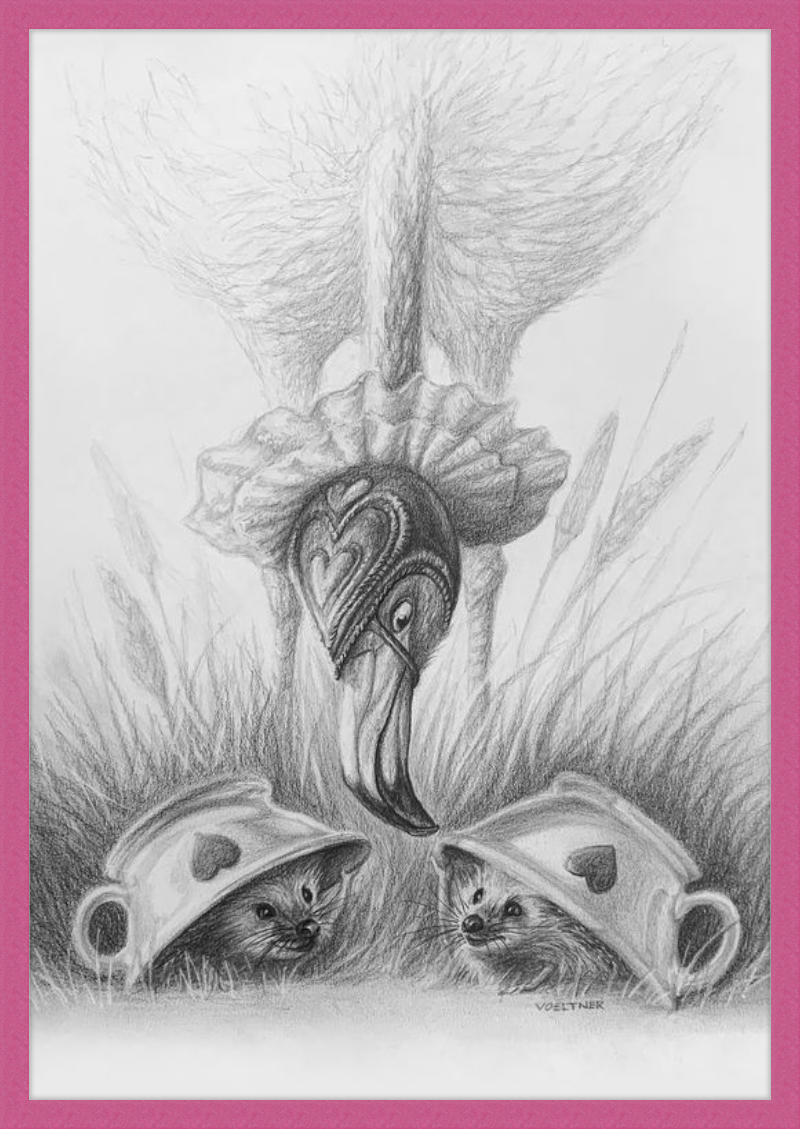 Flamingo and Hedgehogs (Drawing) Art Print