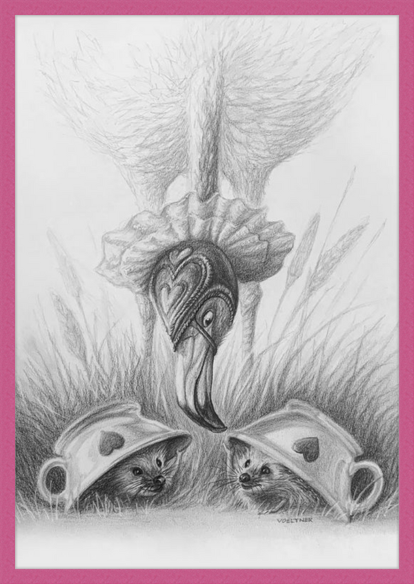 Flamingo and Hedgehogs (Drawing) Art Print