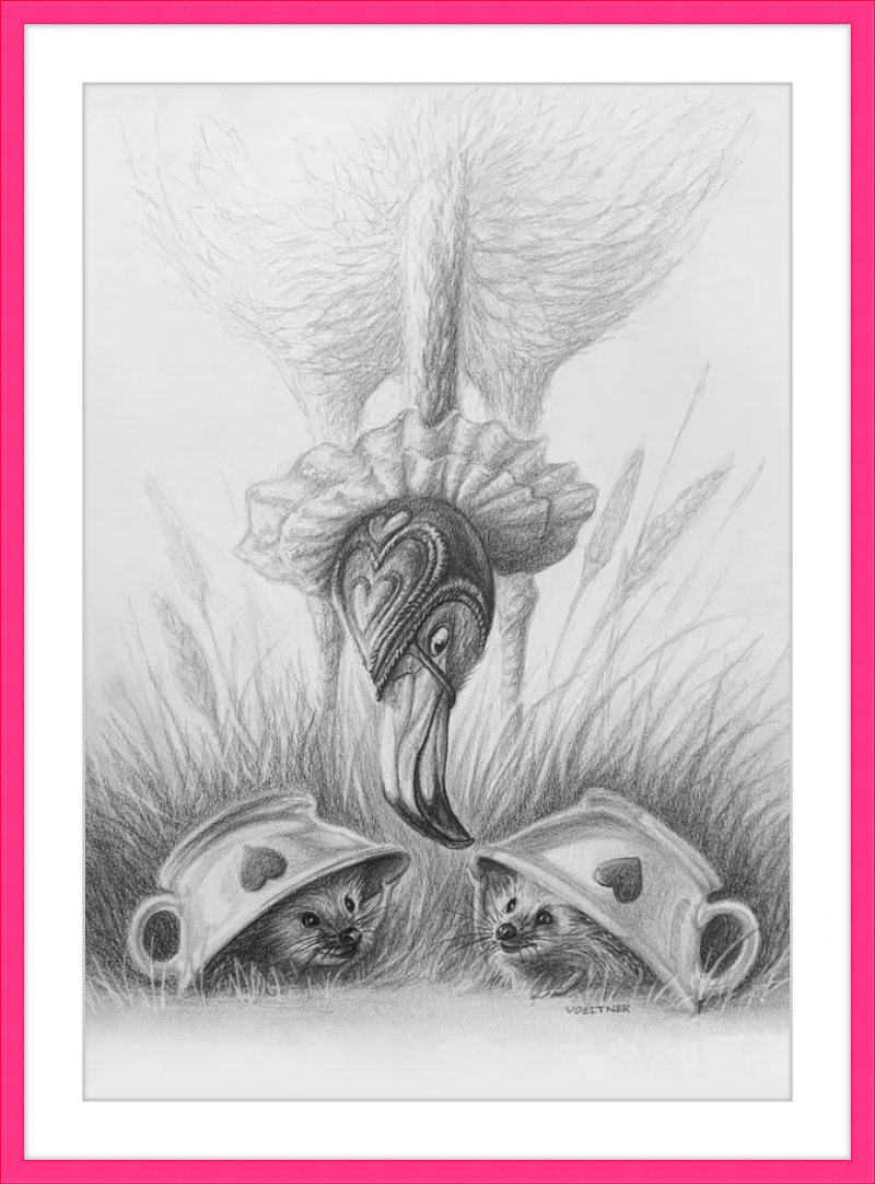 Flamingo and Hedgehogs (Drawing) Art Print