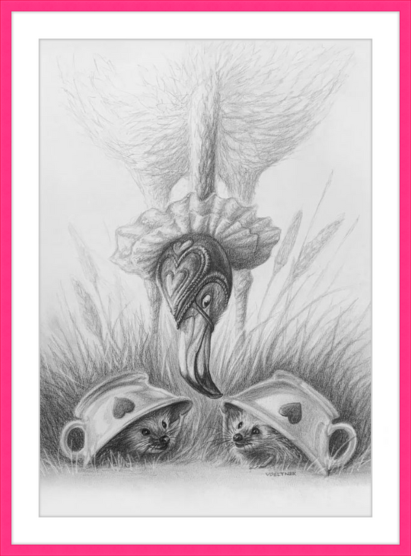 Flamingo and Hedgehogs (Drawing) Art Print