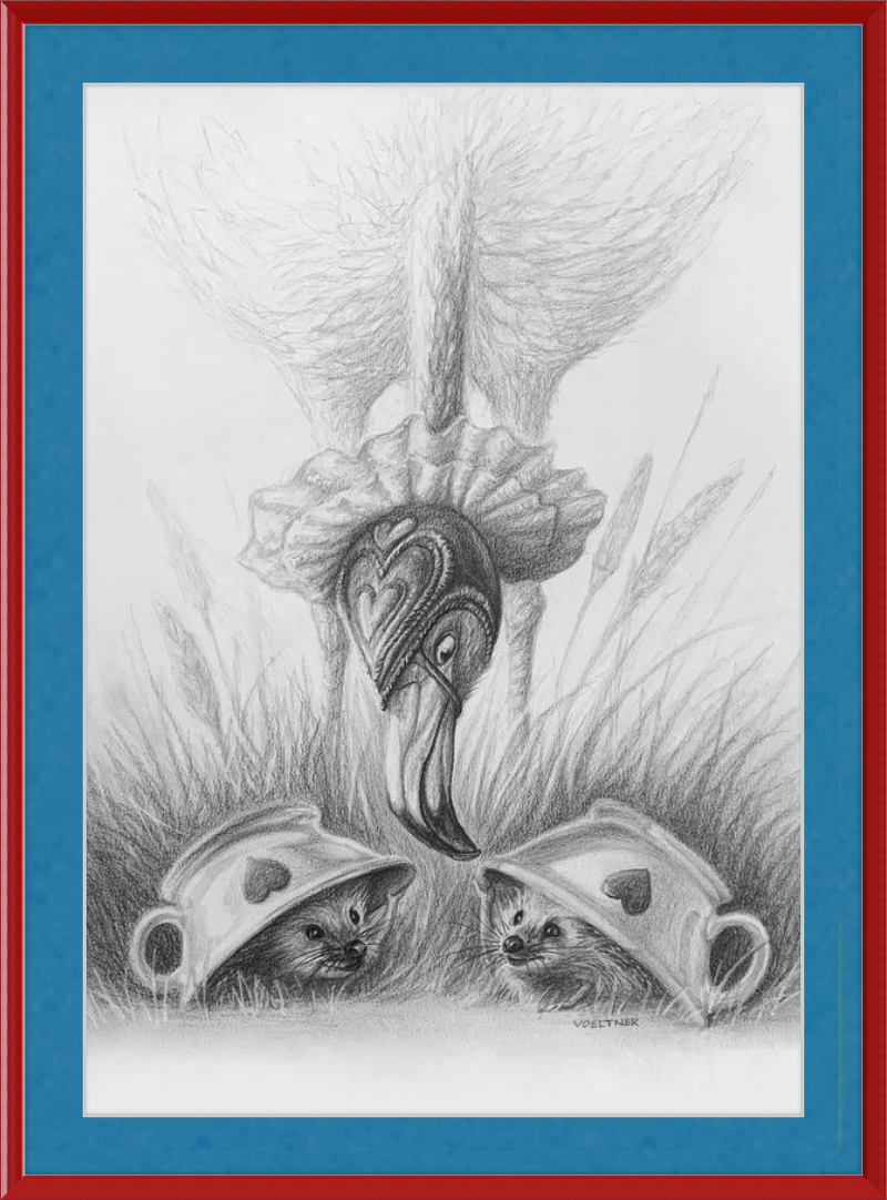 Flamingo and Hedgehogs (Drawing) Art Print