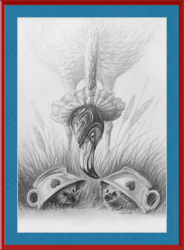 Flamingo and Hedgehogs (Drawing) Art Print