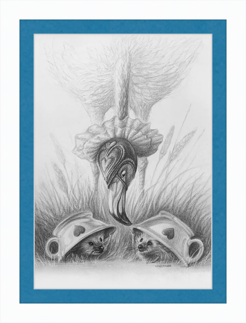 Flamingo and Hedgehogs (Drawing) Art Print