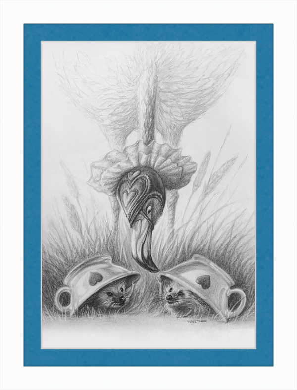 Flamingo and Hedgehogs (Drawing) Art Print
