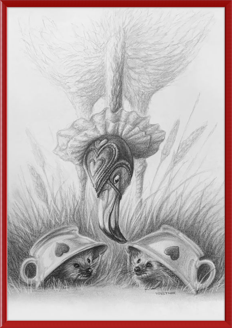 Flamingo and Hedgehogs (Drawing) Art Print
