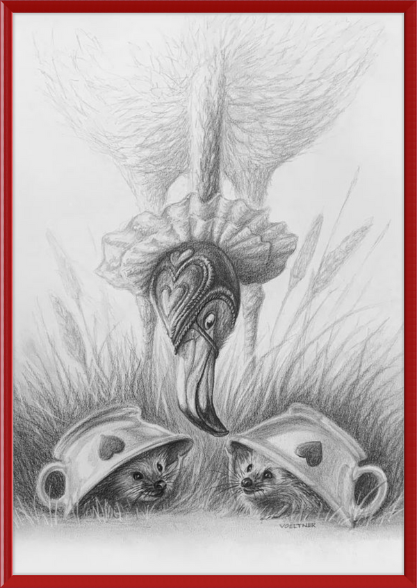 Flamingo and Hedgehogs (Drawing) Art Print