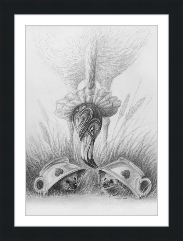 Flamingo and Hedgehogs (Drawing) Art Print