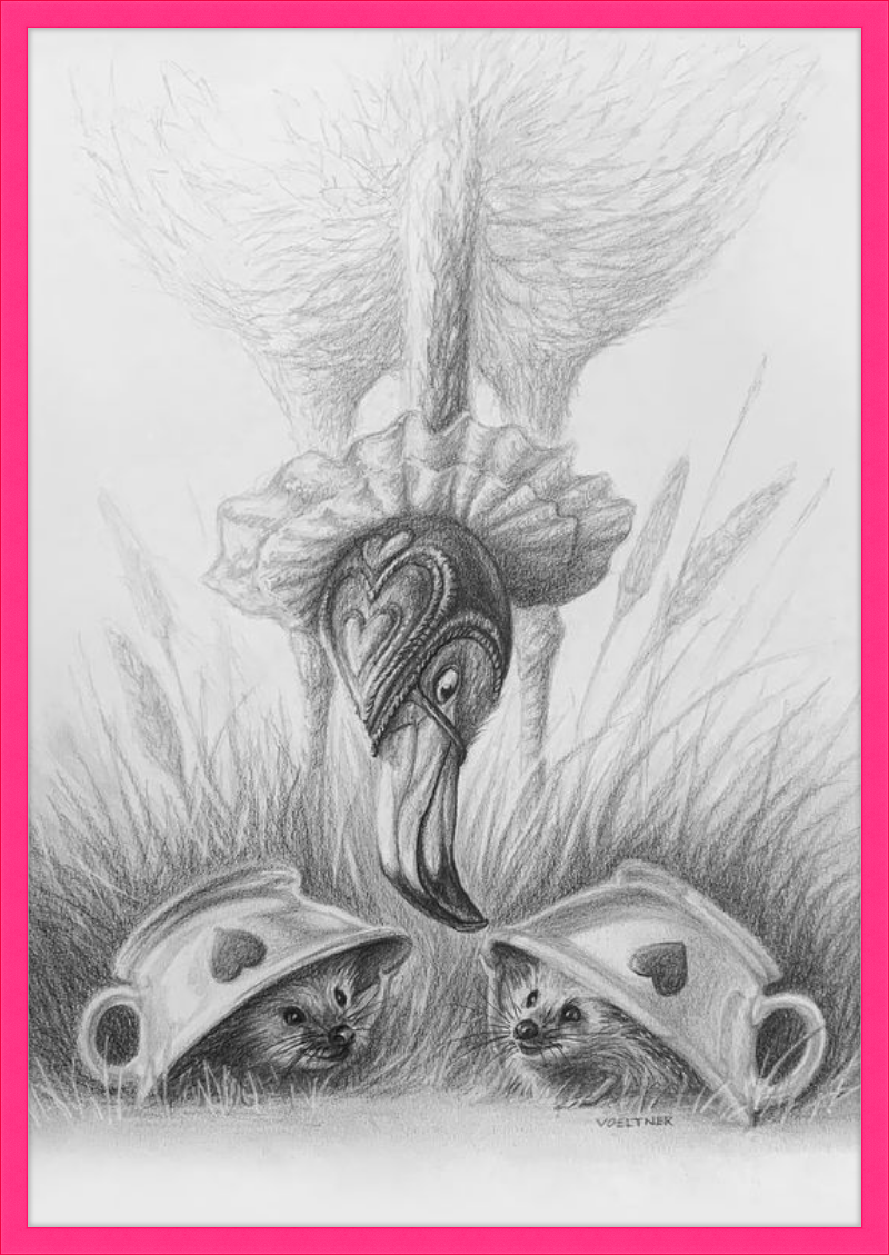 Flamingo and Hedgehogs (Drawing) Art Print
