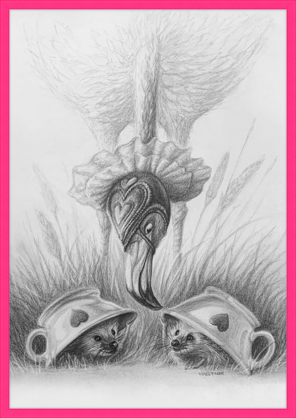 Flamingo and Hedgehogs (Drawing) Art Print