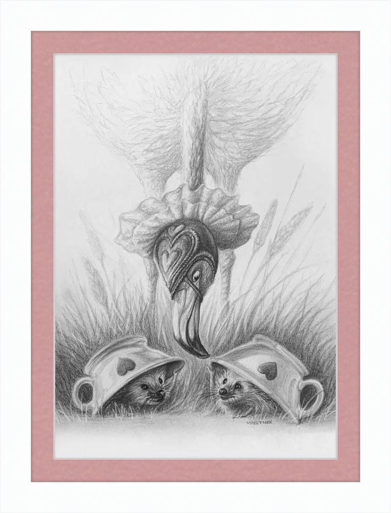 Flamingo and Hedgehogs (Drawing) Art Print