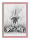 Flamingo and Hedgehogs (Drawing) Art Print